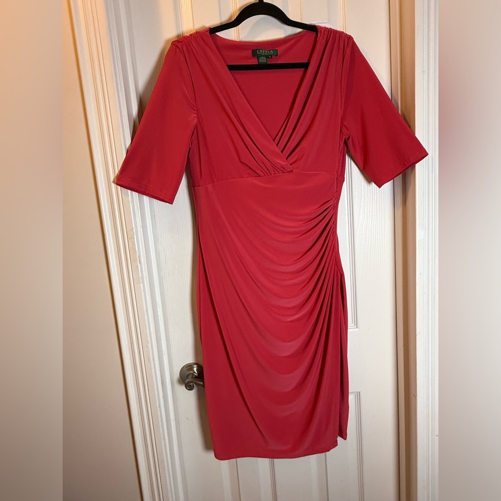 Old Money Ralph Lauren Elevated Basic Coral Career Dress Draped Ruching Chic